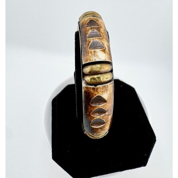 Vintage Hand-Carved Wood Brass Bangle Rustic Statement Bracelet Retro - Picture 4 of 9